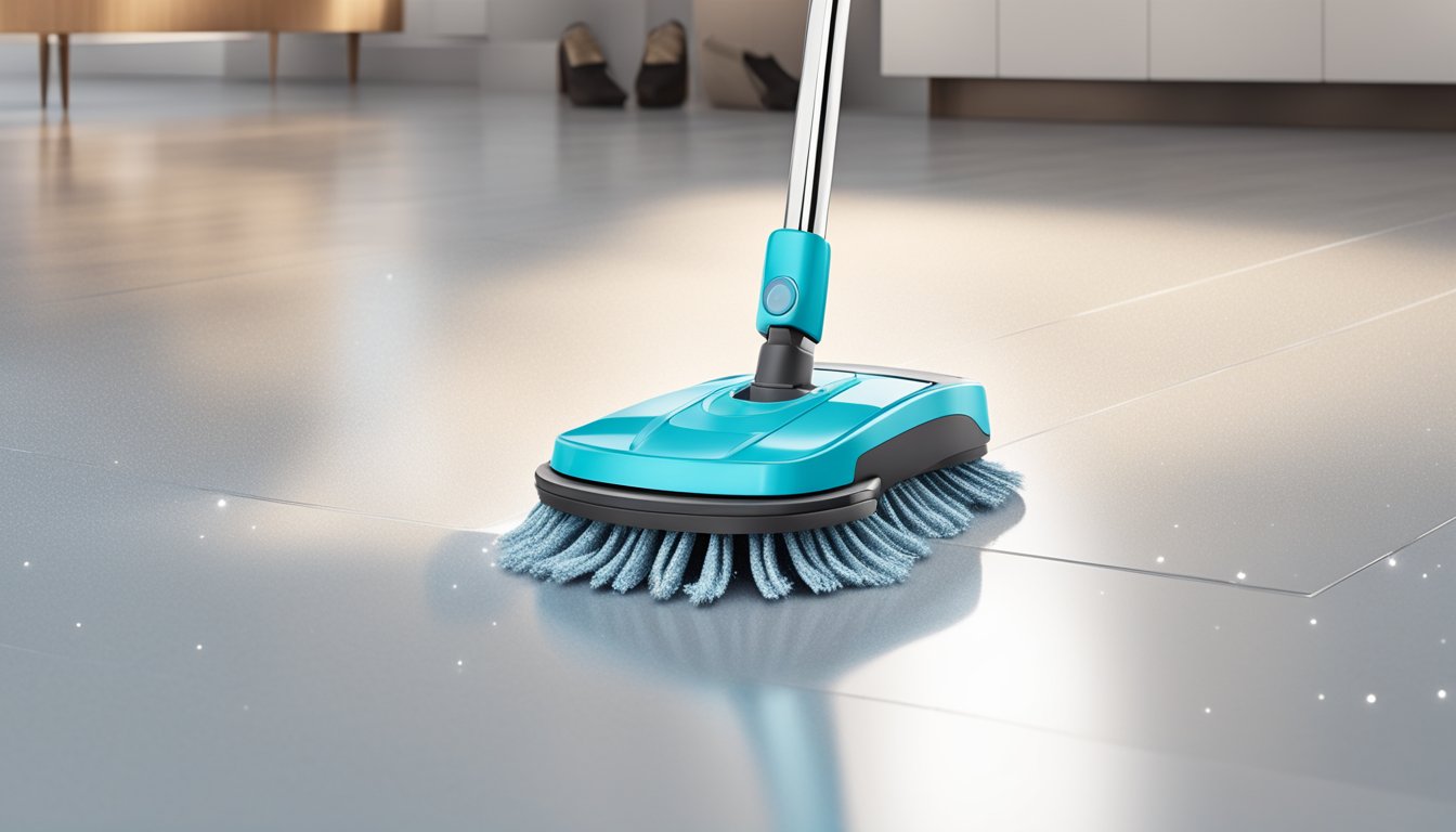 A sparkling clean floor with a modern spin mop gliding effortlessly across it, leaving a streak-free shine