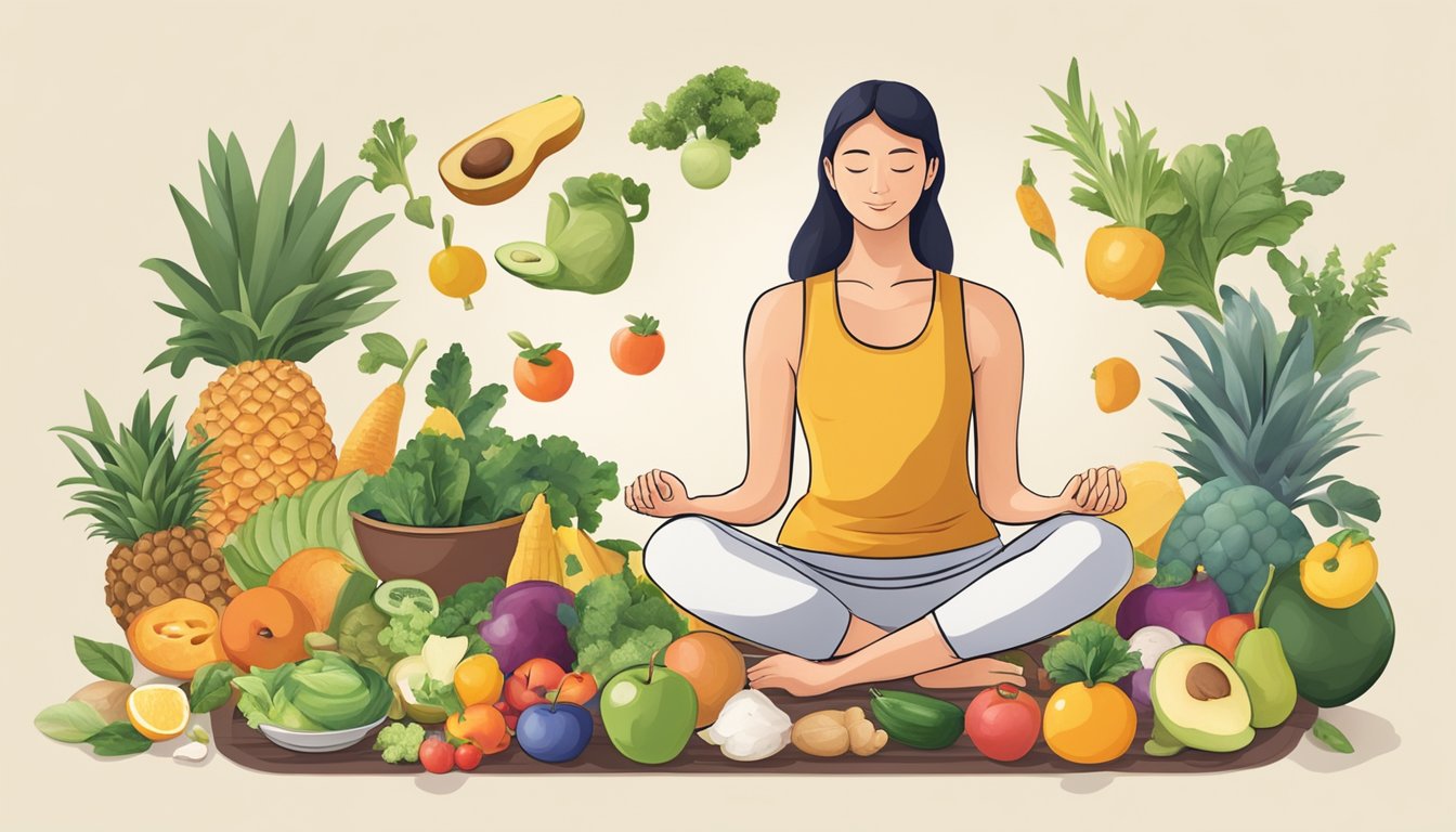 A person exercising, meditating, and eating healthy foods