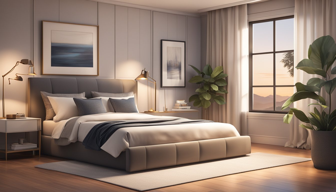 A cozy bedroom with a sleek, modern bed frame, soft, luxurious bedding, and dim, warm lighting to create a relaxing sleep environment