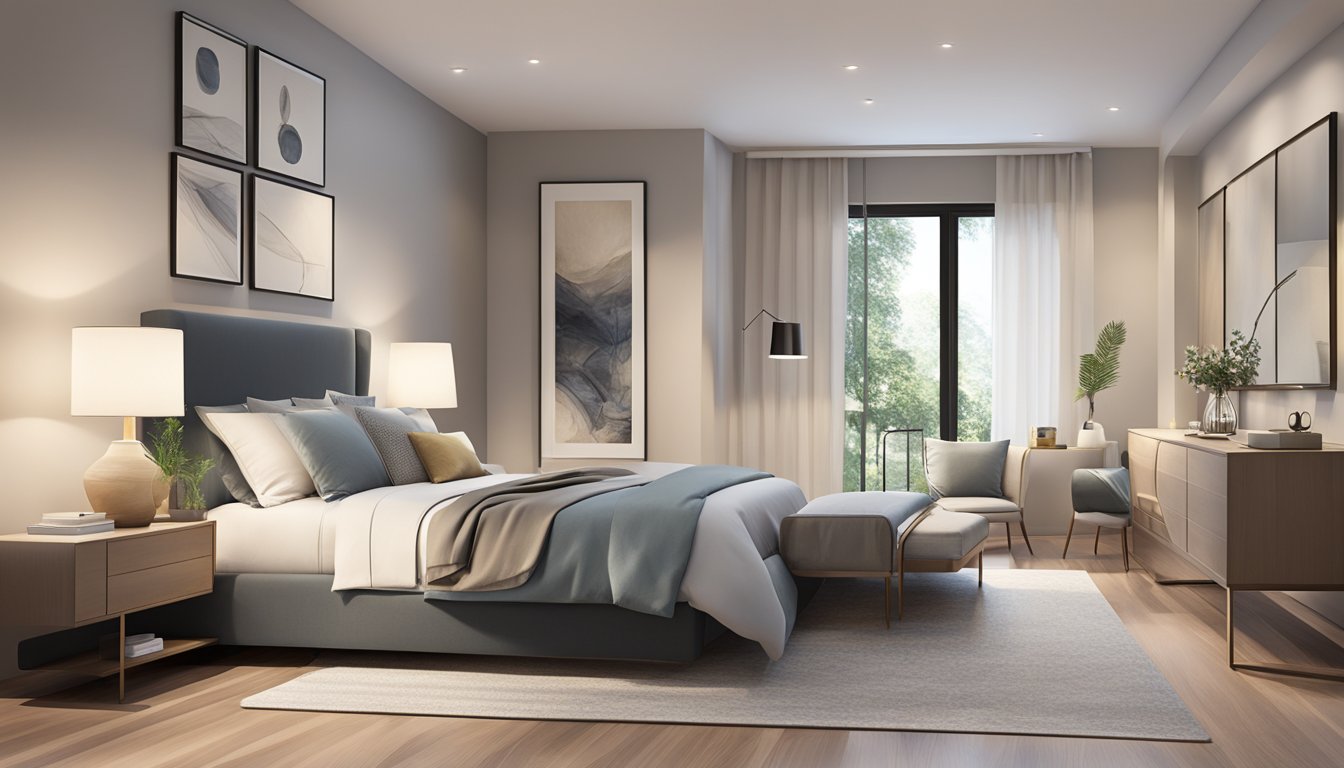 A spacious master bedroom with modern furniture, soft lighting, and a calming color scheme. A large, comfortable bed with luxurious bedding takes center stage, surrounded by sleek, minimalist decor