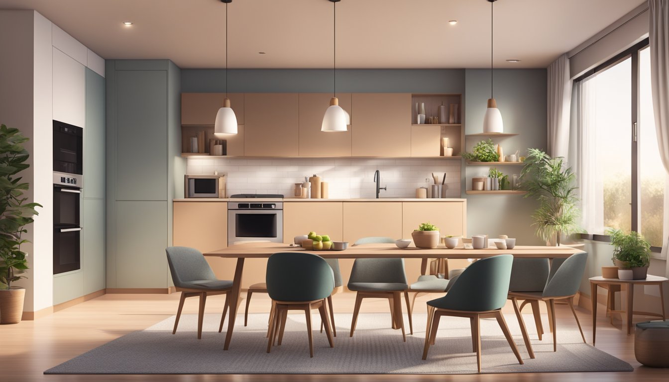 A cozy living room with warm lighting, a simple dining area with a small table and chairs, and a clean, modern kitchen with sleek countertops and minimalist finishes