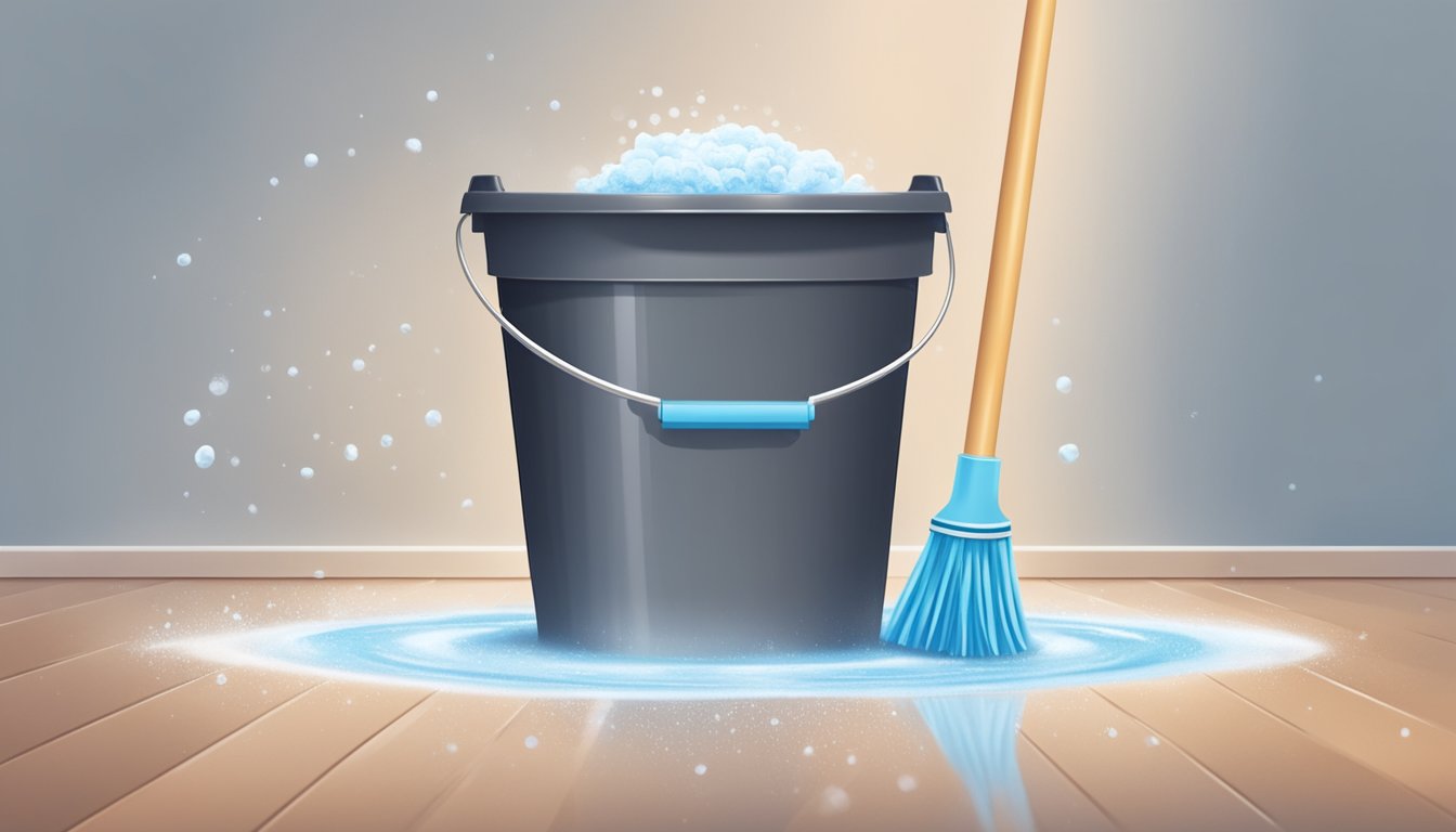 A bucket of soapy water sits next to a gleaming floor. A spin mop with a long handle is in motion, effortlessly cleaning the surface