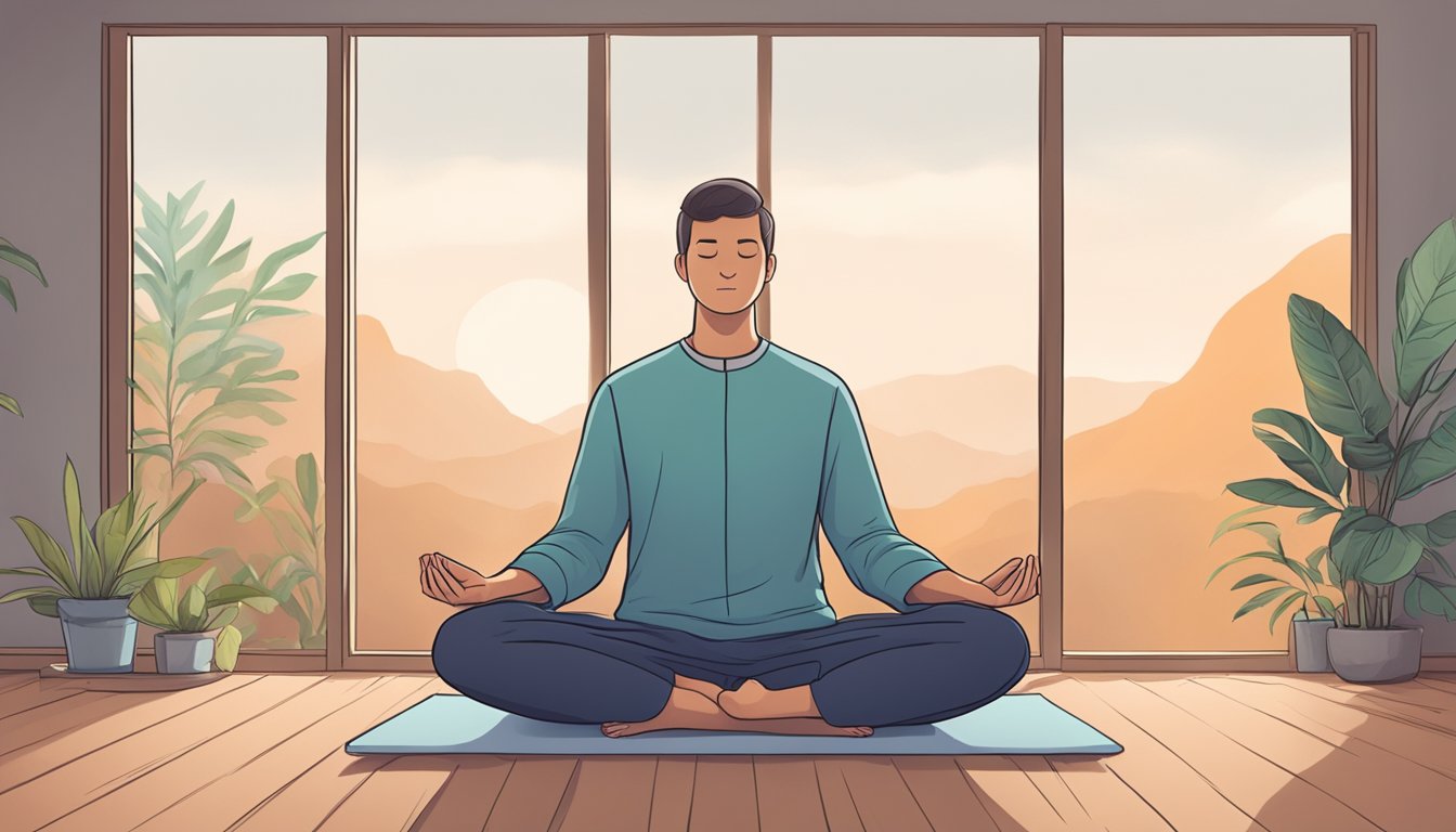 A person sitting in a quiet room, practicing deep breathing and meditation to lower their heart rate