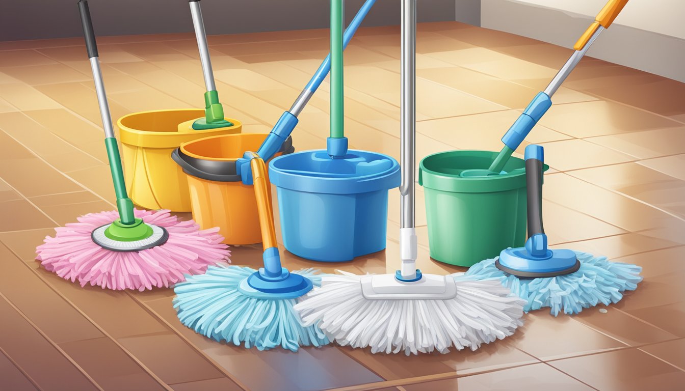 A spin mop with a bucket, cleaning solution, and various floor types