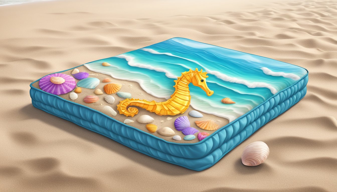 A seahorse-shaped foldable mattress rests on a sandy beach, surrounded by colorful seashells and gently rolling waves