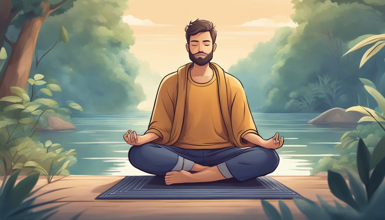 A person sitting in a peaceful environment, practicing deep breathing and meditation to lower their heart rate