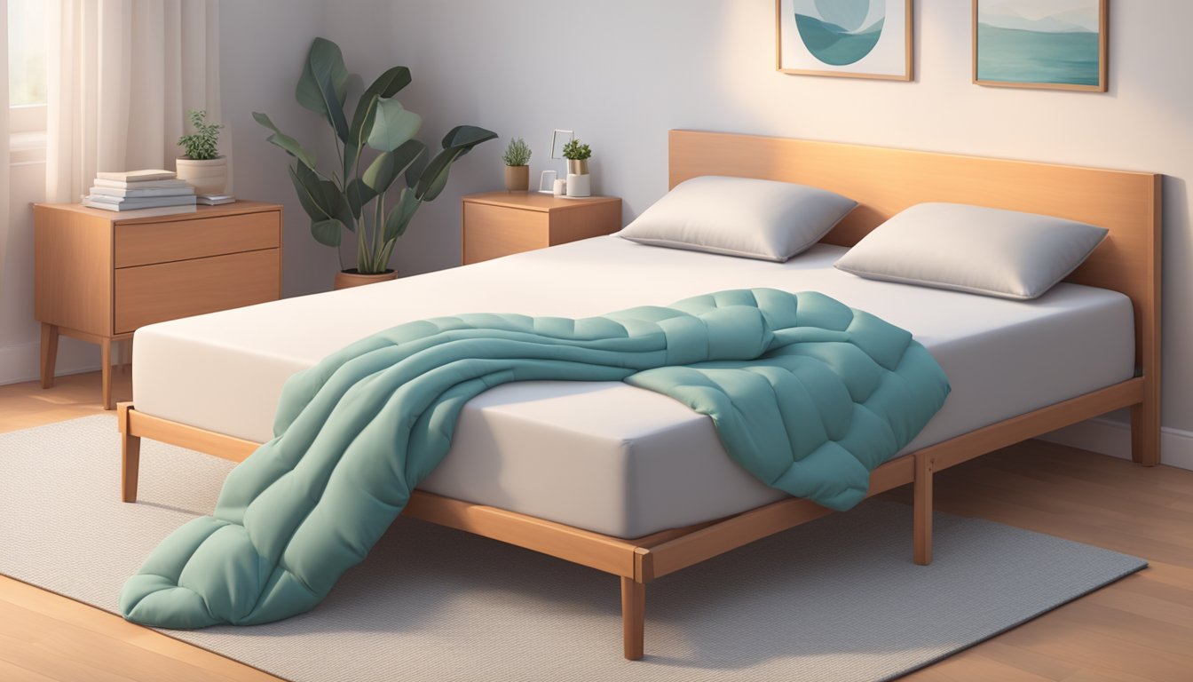 A cozy bedroom with a neatly folded Seahorse Foldable Mattress on a bed frame, surrounded by soft pillows and warm blankets