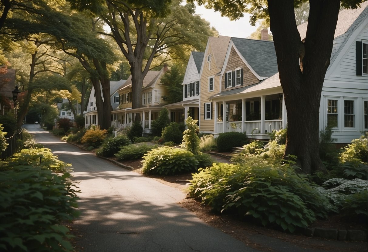 A quaint Massachusetts neighborhood with small, charming houses nestled among trees and gardens