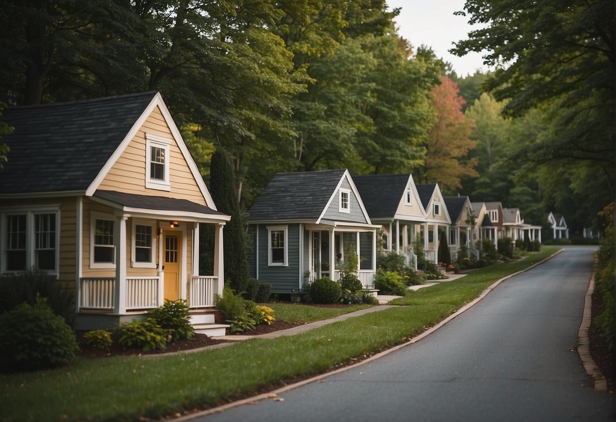 Tiny houses nestled in a quaint Massachusetts neighborhood, surrounded by greenery and charming streets. A zoning regulation sign is posted nearby