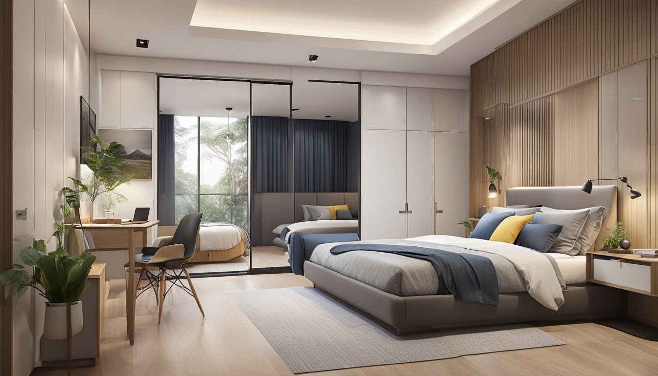 A spacious HDB master bedroom with modern design features and ample storage solutions