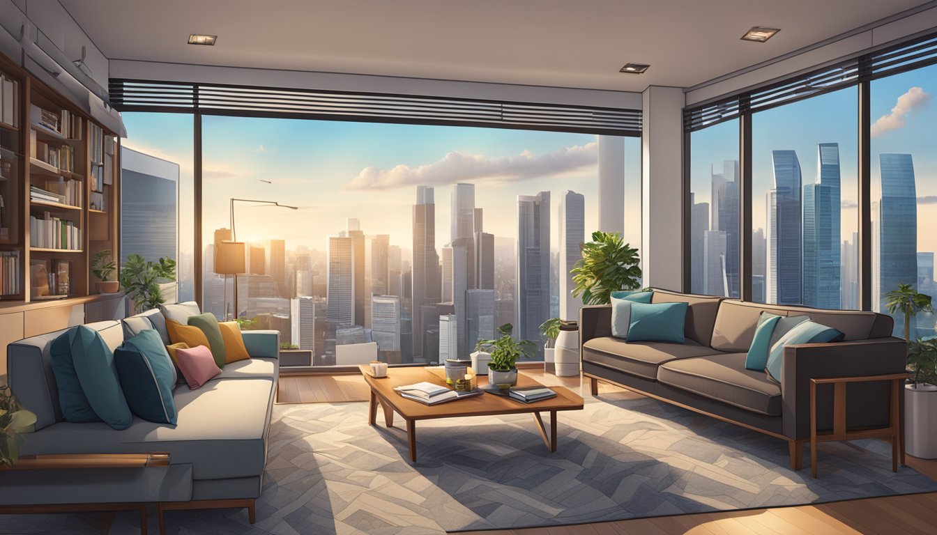 A cozy living room in Singapore with a modern sofa, coffee table, and bookshelf against a backdrop of large windows overlooking the city skyline