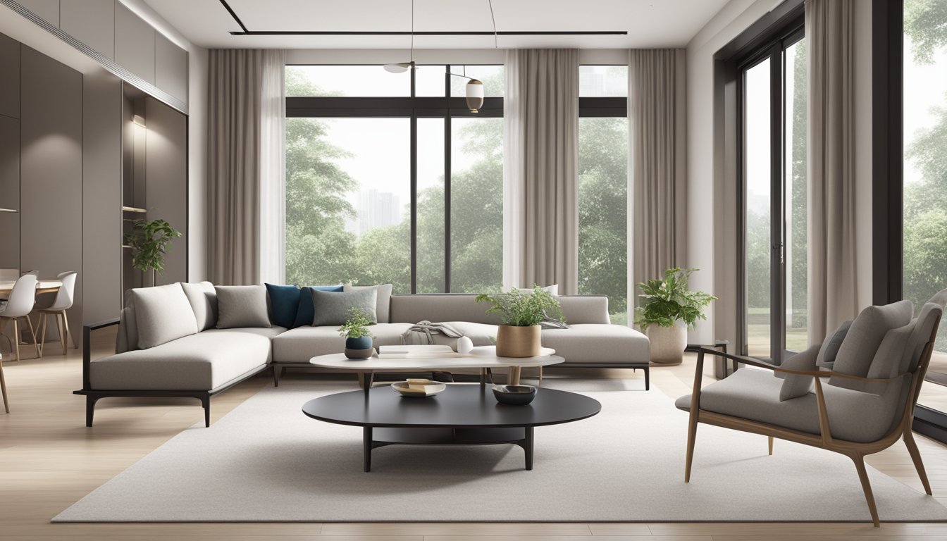 A modern living room with sleek, minimalist furniture in Singapore. Clean lines, neutral colors, and natural light create a stylish and inviting space