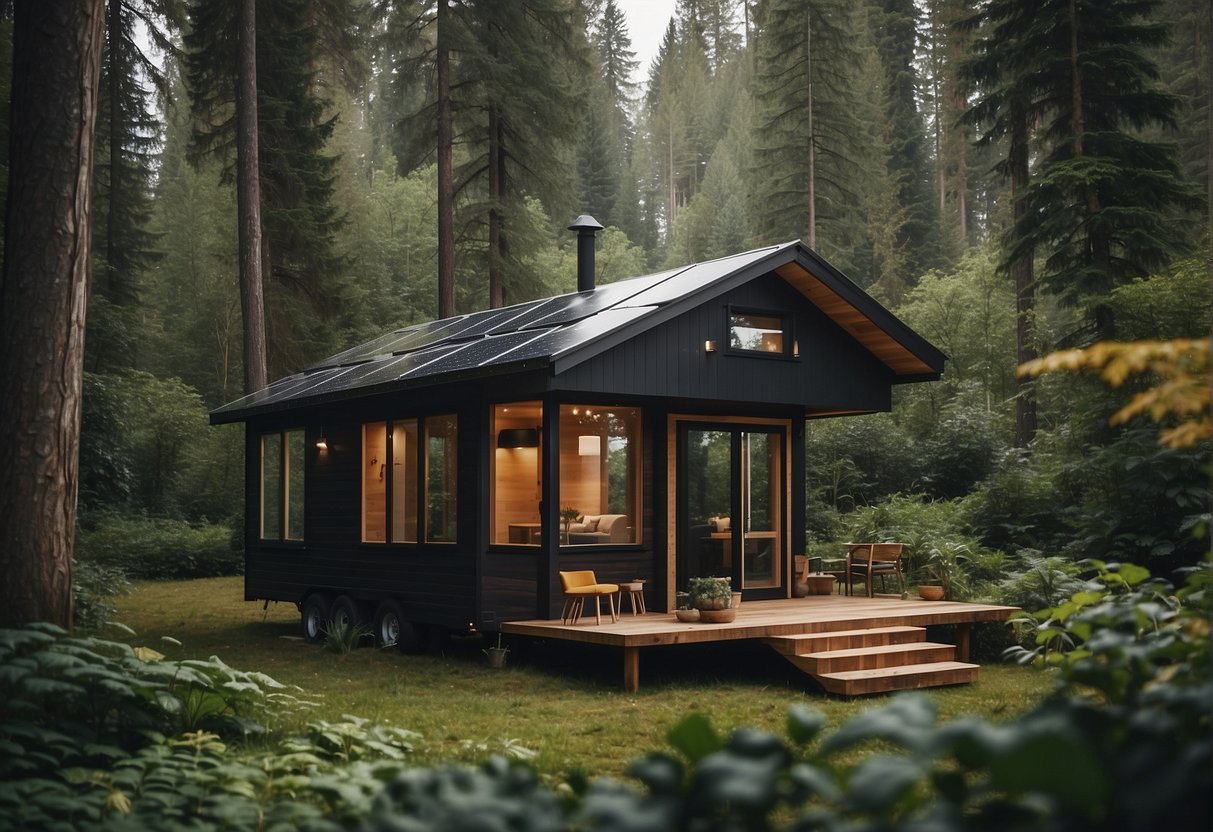 A tiny house nestled in a lush forest, with a cozy interior and solar panels on the roof