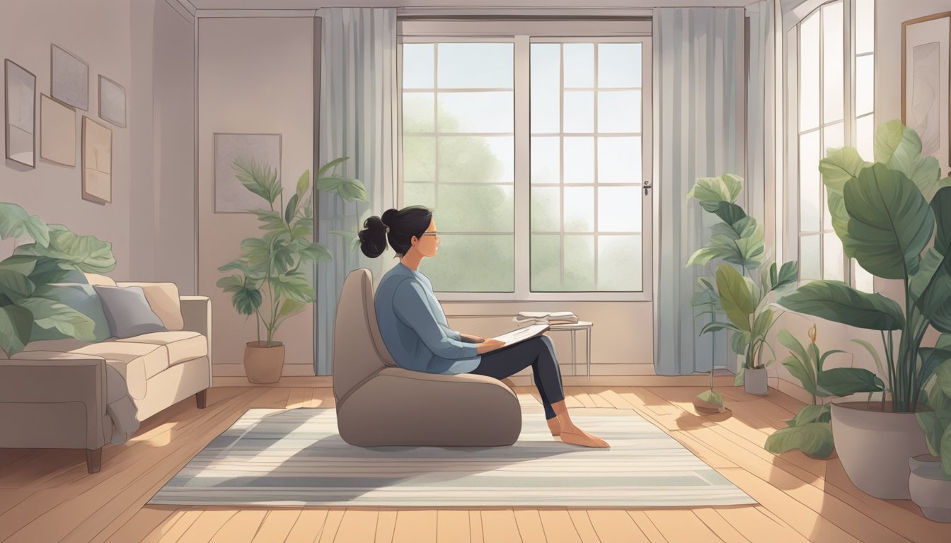 A person sitting in a quiet room, taking deep breaths and practicing relaxation techniques to lower their heart rate