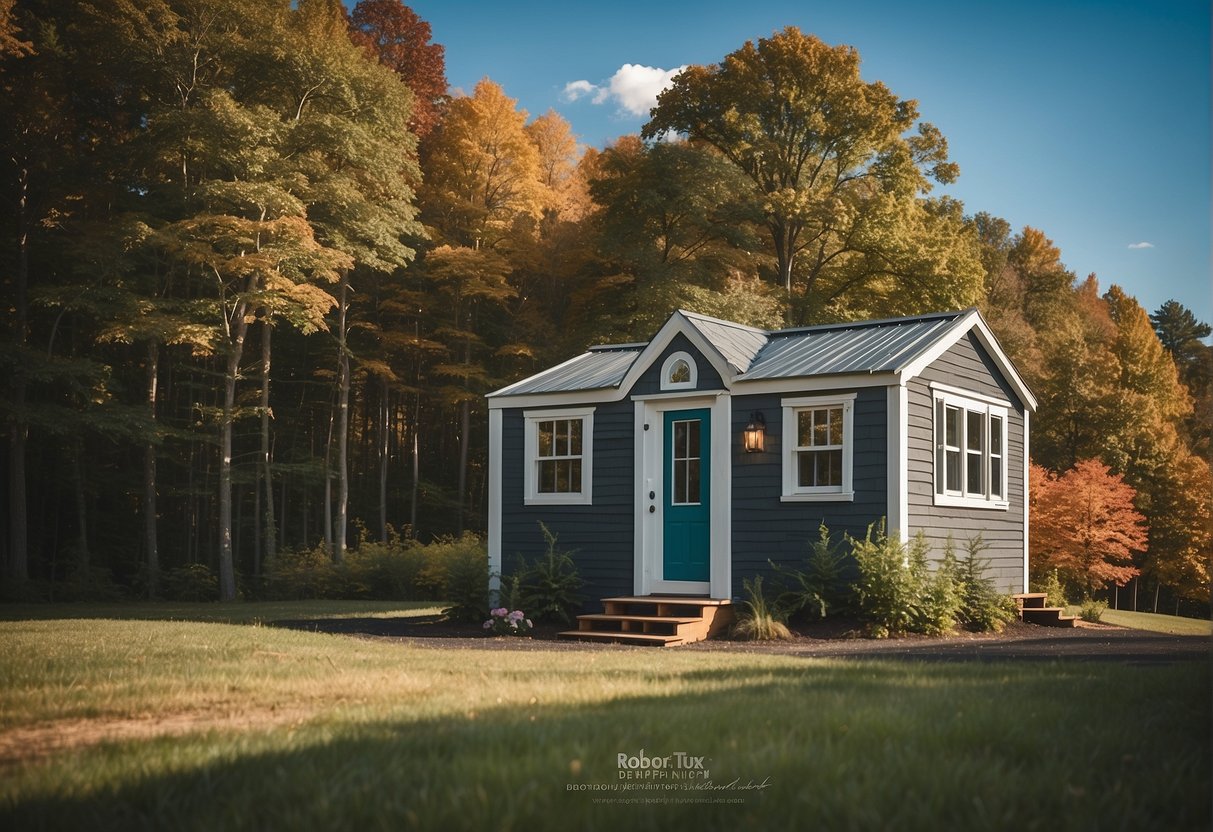 A tiny house in a Massachusetts landscape, surrounded by trees and a clear blue sky, with a sign reading "Frequently Asked Questions: Are Tiny Houses Legal in Massachusetts?"