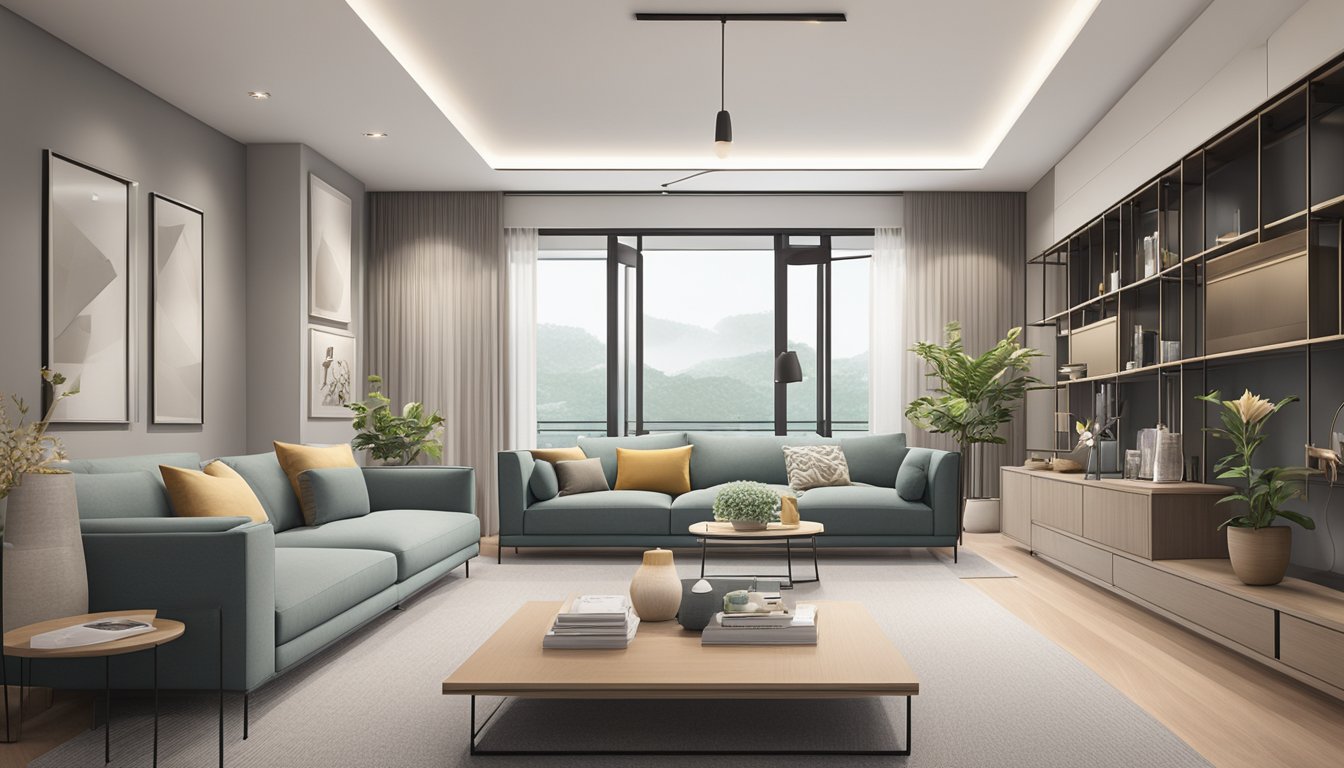 A modern living room in Singapore with sleek, minimalist furniture, clean lines, and neutral colors. A large, comfortable sofa sits in the center, surrounded by stylish coffee tables and shelves displaying decorative items