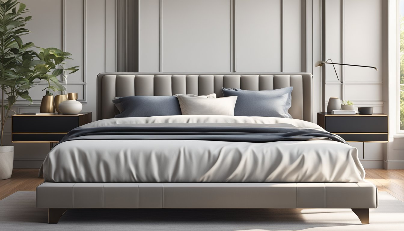 A sleek, modern queen bed frame in a spacious, sunlit bedroom with minimalist decor and luxurious linens