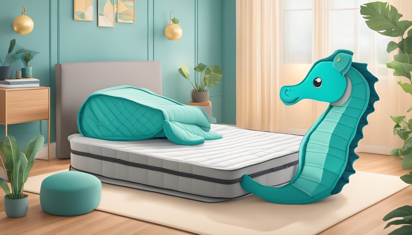 A seahorse-shaped foldable mattress being unpacked and unfolded in a cozy bedroom setting