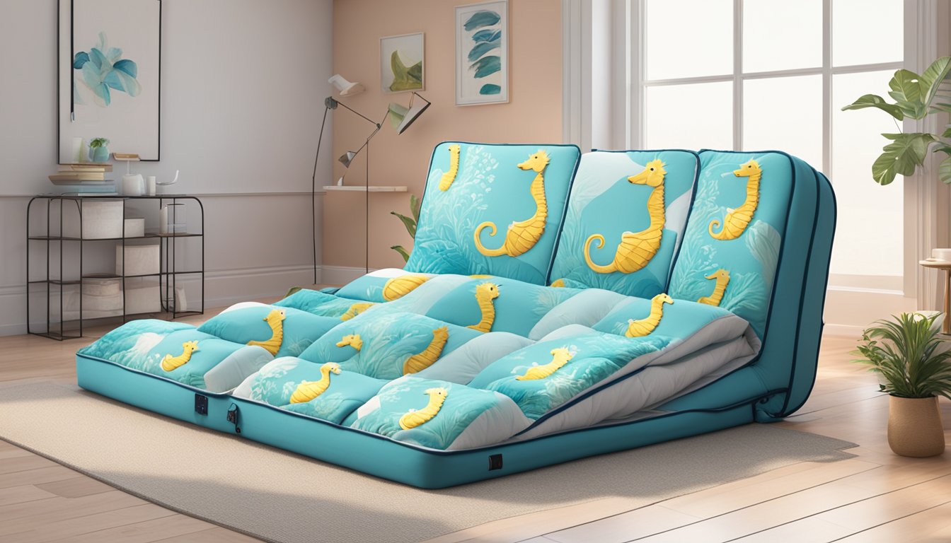 A seahorse-shaped foldable mattress unfolds in a bright, airy room, with a stack of pillows nearby. The mattress features a whimsical design and is compact and easy to store