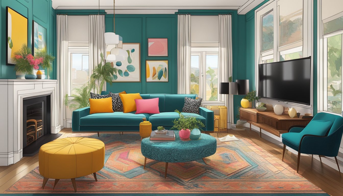 An eclectic interior with mismatched furniture, bold patterns, and vibrant colors. A mix of vintage and modern decor creates a unique and lively space