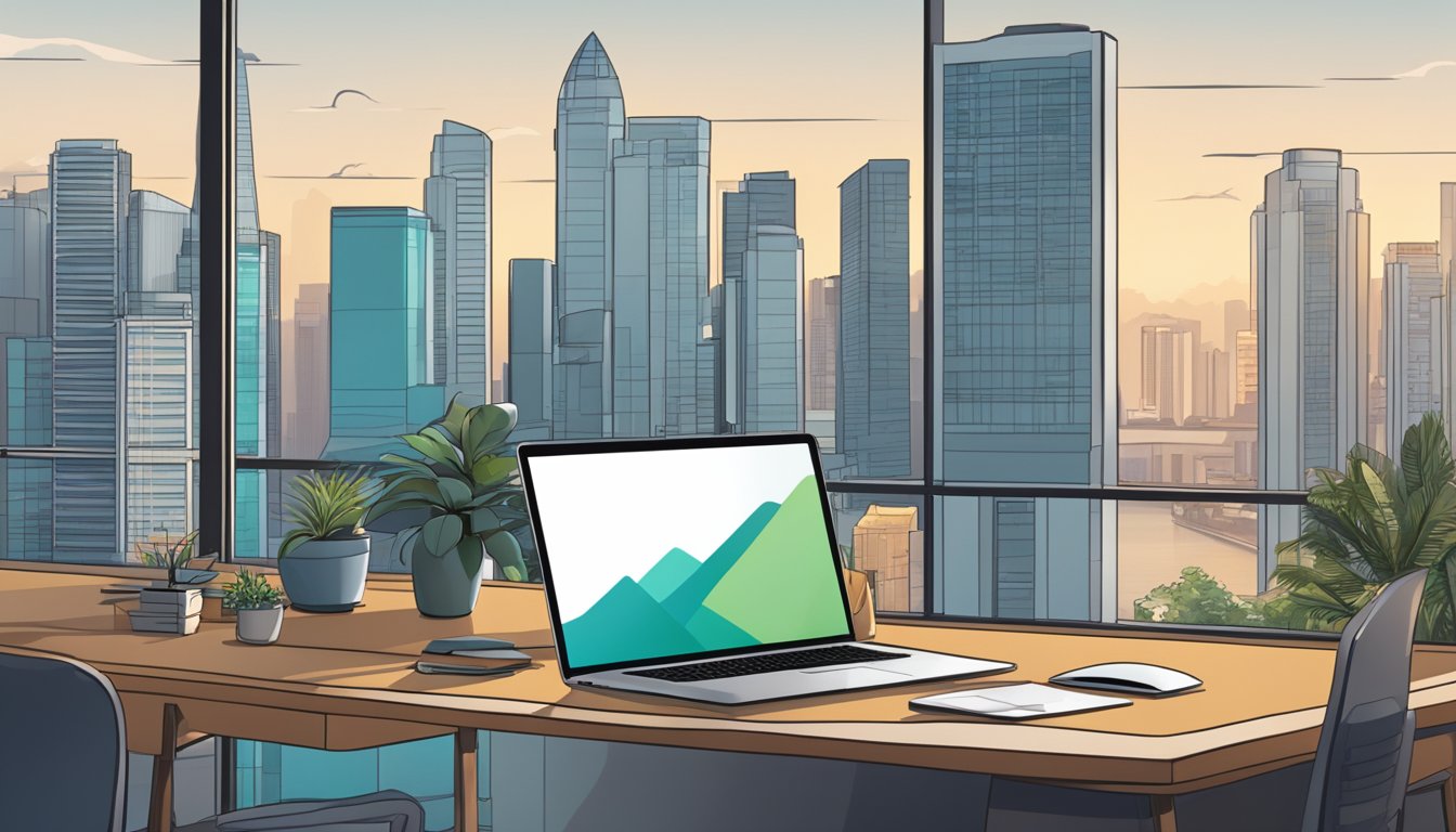 A laptop displaying a variety of modern and stylish furniture options, with a Singaporean skyline in the background