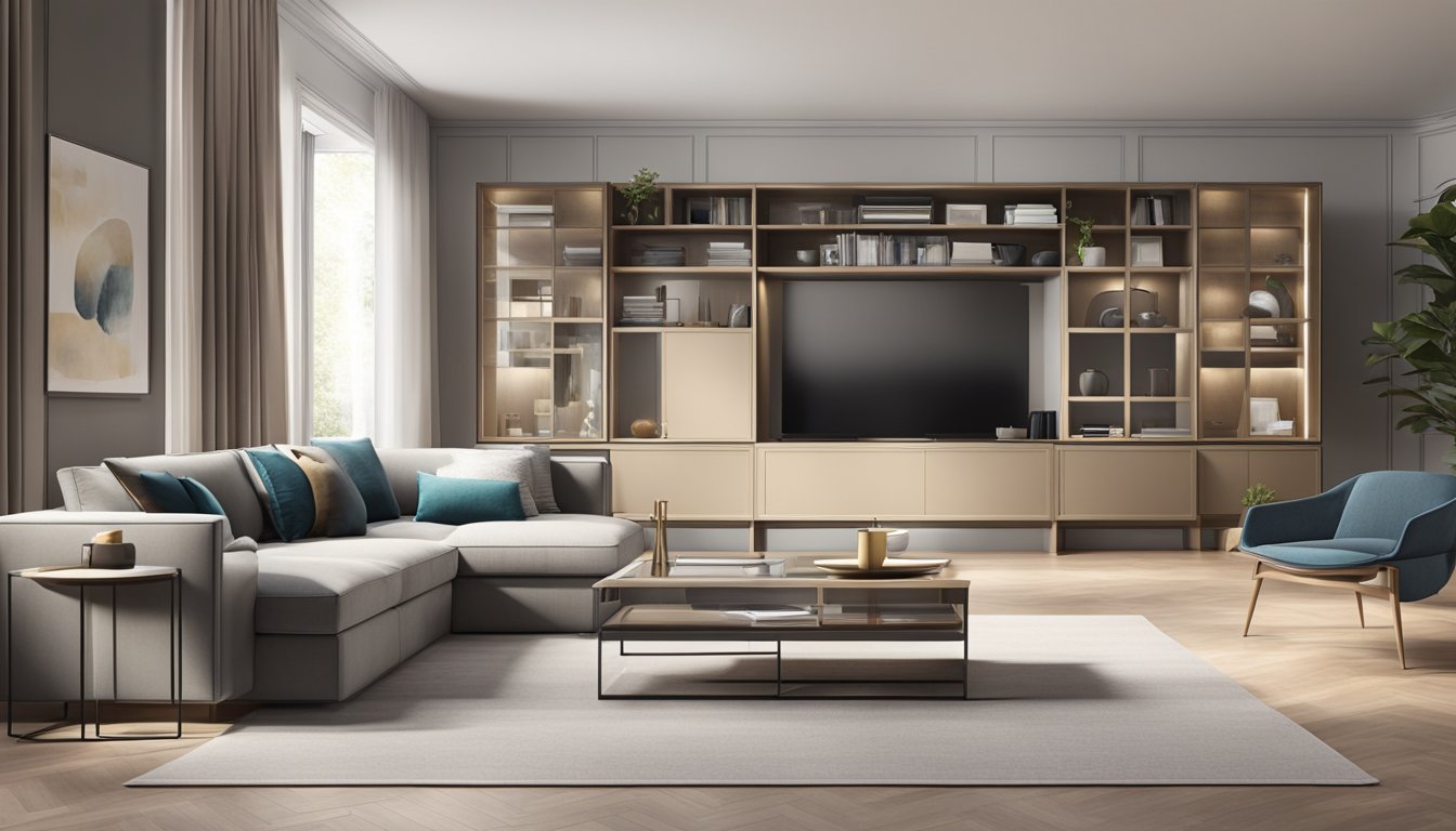 A modern living room with stylish storage solutions, including sleek shelves, elegant cabinets, and a chic coffee table with hidden compartments