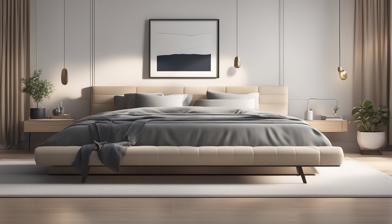 A queen bed frame with a sleek, modern design, set against a backdrop of a minimalist bedroom with neutral tones and soft lighting