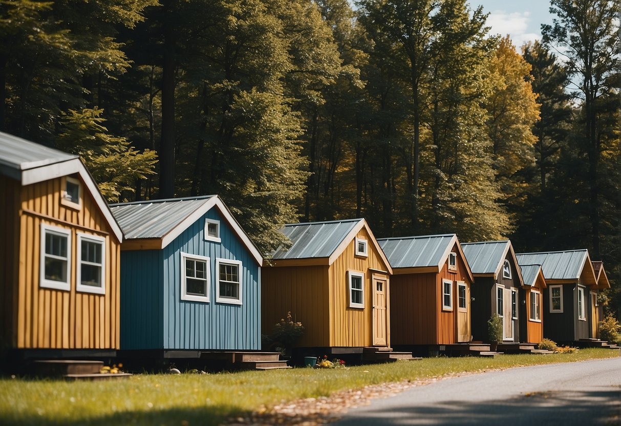 Several tiny houses nestled in a Pennsylvania landscape, surrounded by trees and nature, with a clear blue sky above