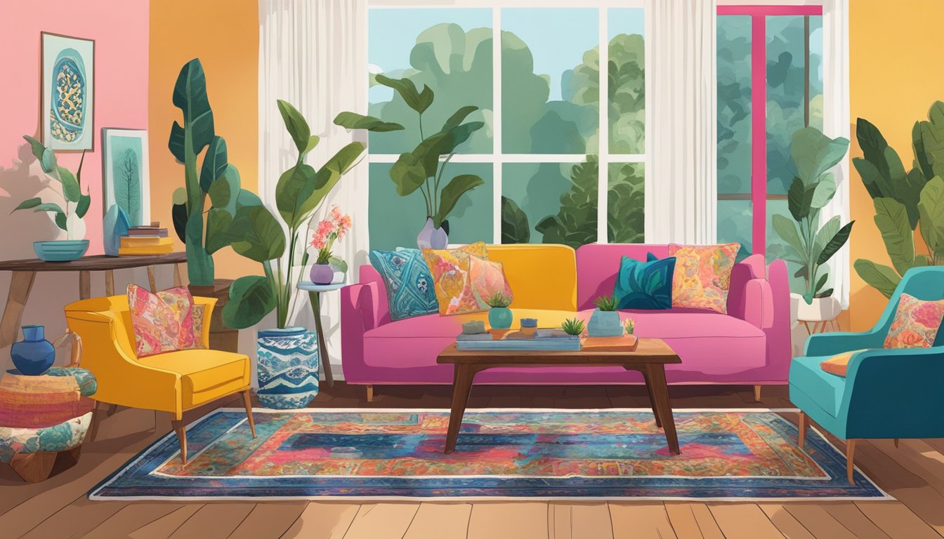 An eclectic living room with mismatched furniture, vibrant colors, and a mix of patterns. A vintage rug, modern art, and bohemian textiles add to the unique style