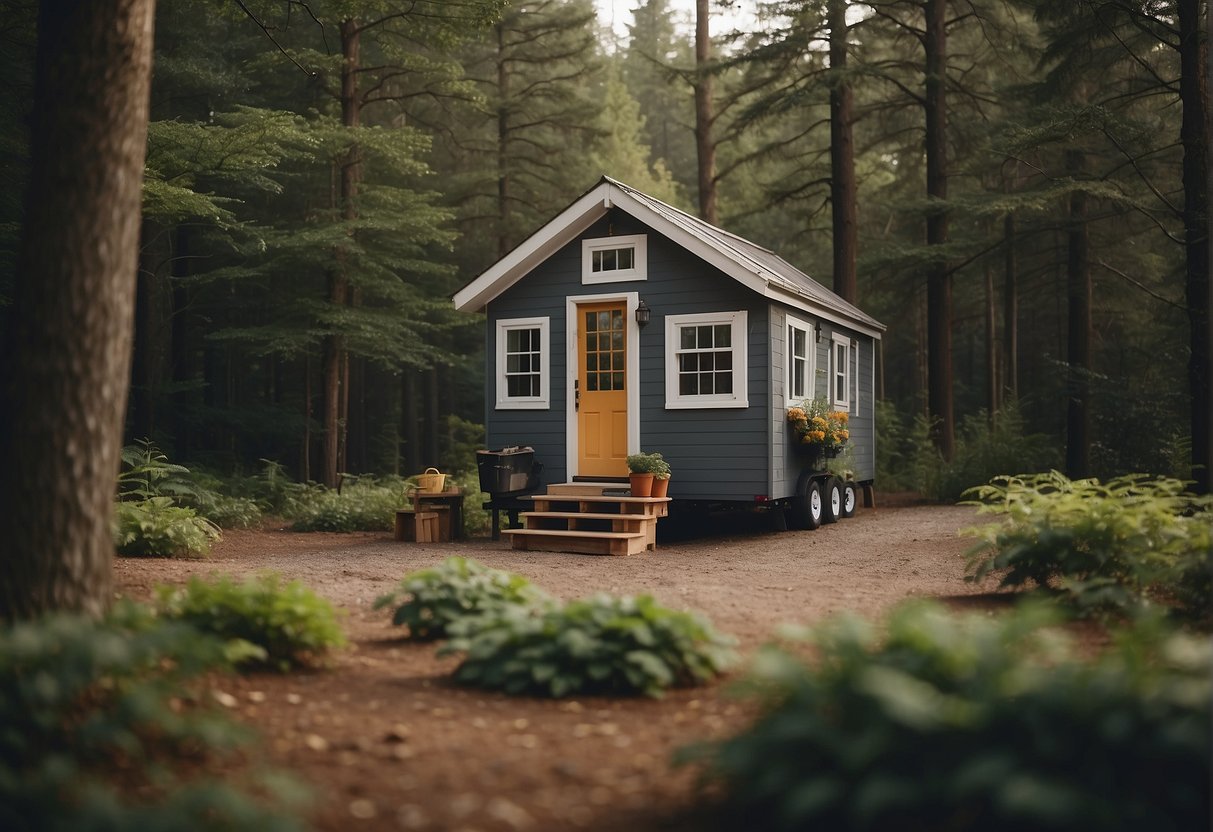 A tiny house nestled among trees, with a "Tiny House" sign and zoning regulations posted nearby