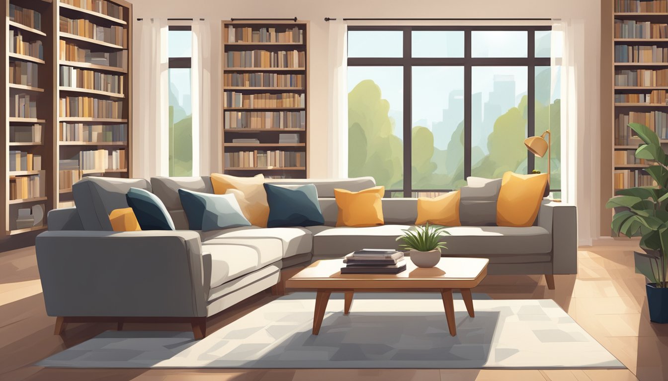 A cozy living room with modern furniture, a comfortable sofa, stylish coffee table, and elegant bookshelves. Bright natural light fills the room, creating a warm and inviting atmosphere