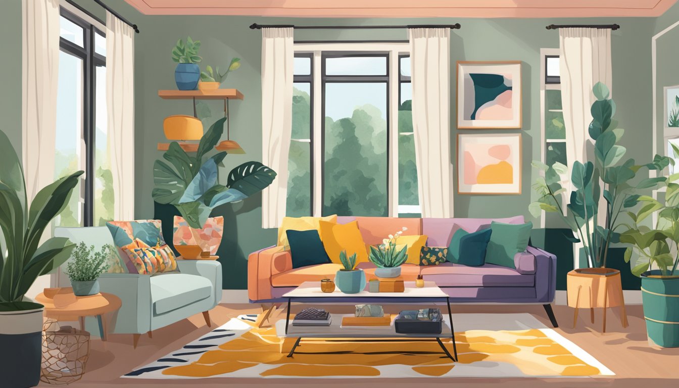 A cozy living room with mismatched furniture, vibrant colors, and a mix of patterns. Plants and art pieces add character to the space
