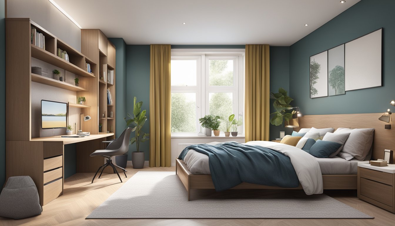 A spacious bedroom with a super king bed featuring built-in storage compartments underneath. The room is tidy and organized, with the bed offering practical and stylish storage solutions