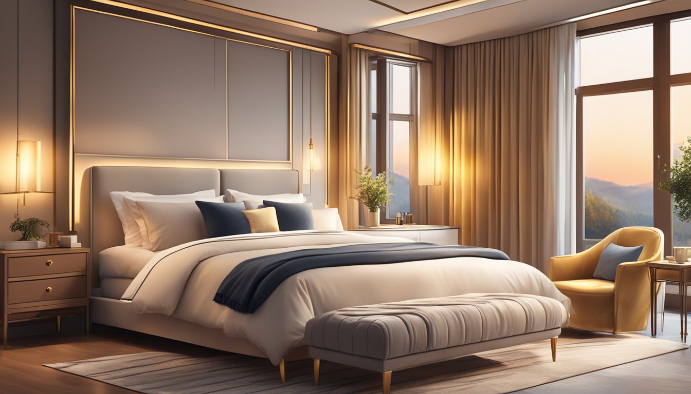 A spacious king size bed with luxurious, fluffy pillows and soft, inviting sheets. The room is bathed in warm, golden light, creating a cozy and relaxing atmosphere