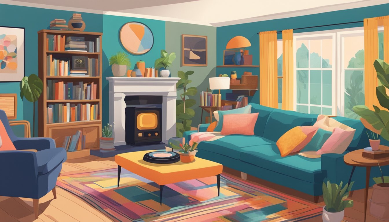 A cozy living room with vibrant colors, mix-matched furniture, and various art pieces on the walls. A bookshelf filled with unique knick-knacks and a vintage record player in the corner