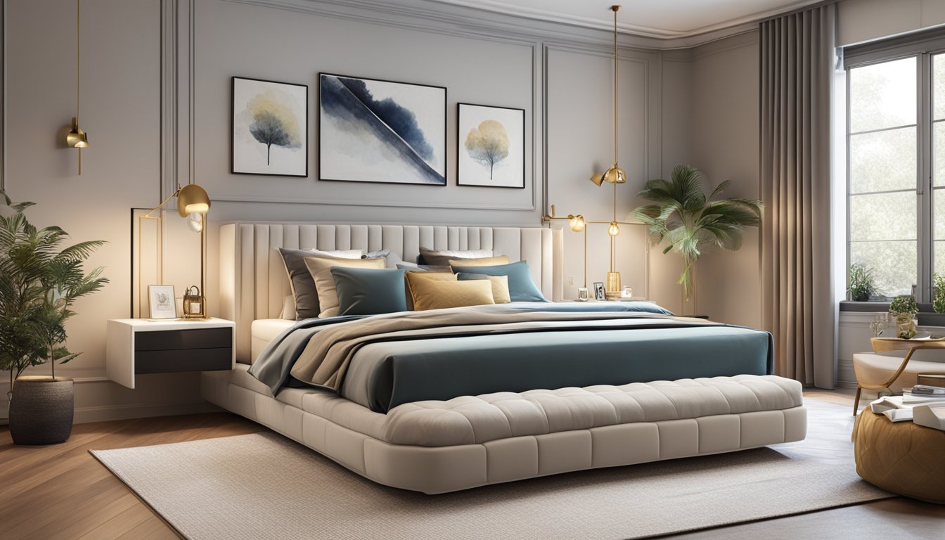 A luxurious super king bed with built-in storage stands in a spacious, well-lit bedroom. The bed is adorned with plush pillows and a cozy duvet, creating an inviting and comfortable atmosphere