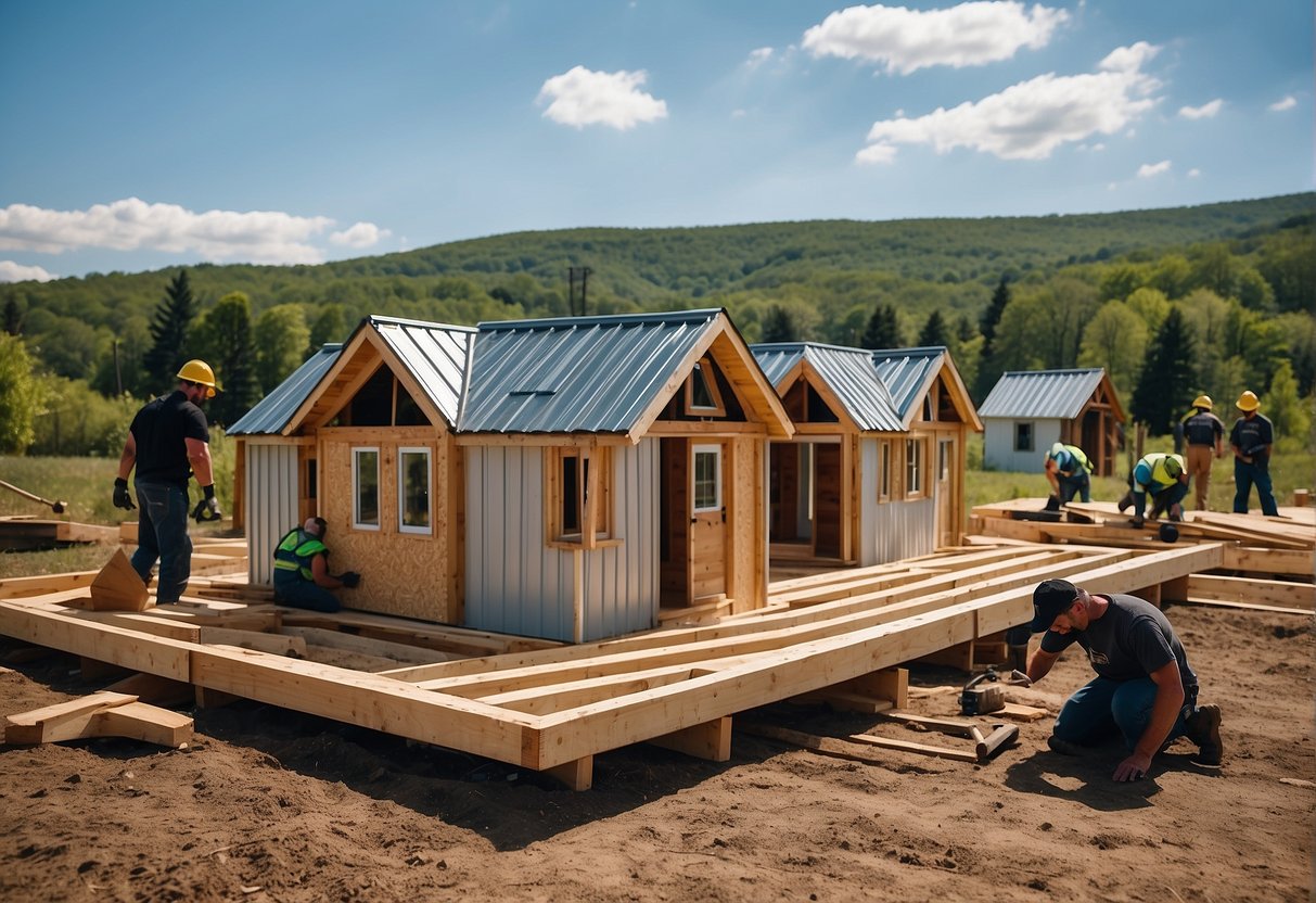 Tiny houses under construction, with workers following safety standards. Pennsylvania state regulations visible in the background