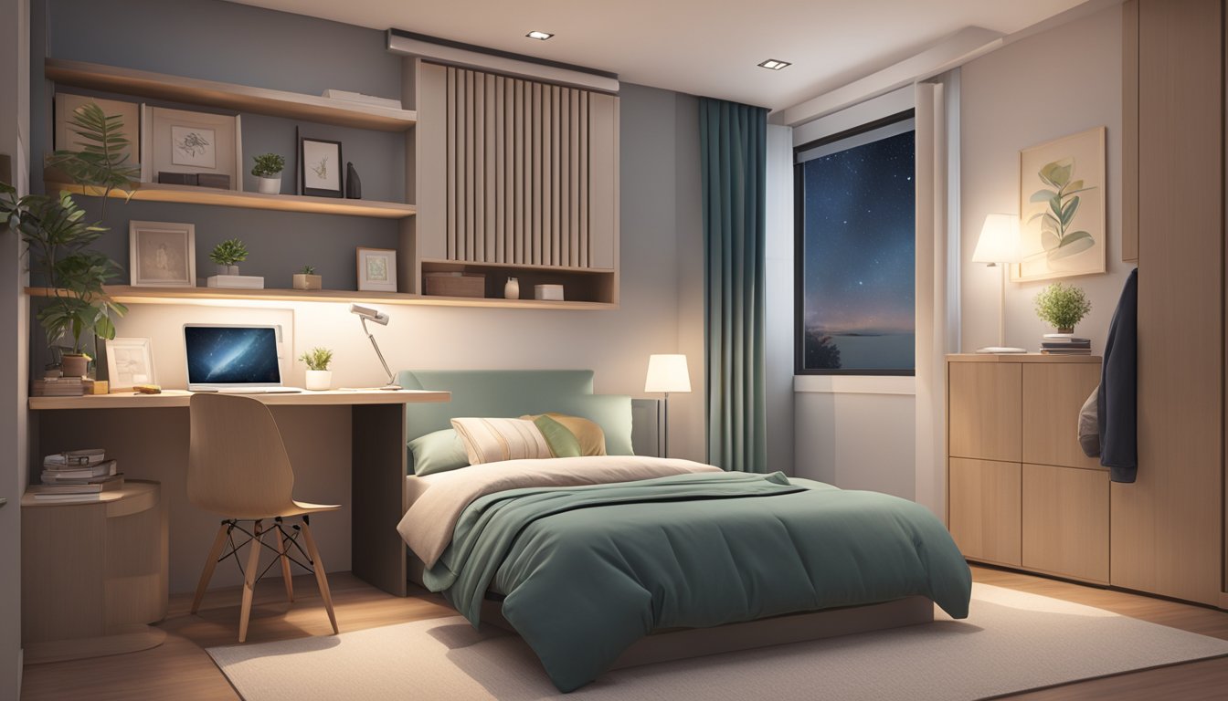A cozy HDB bedroom with a single bed, compact study desk, built-in wardrobe, and soft lighting