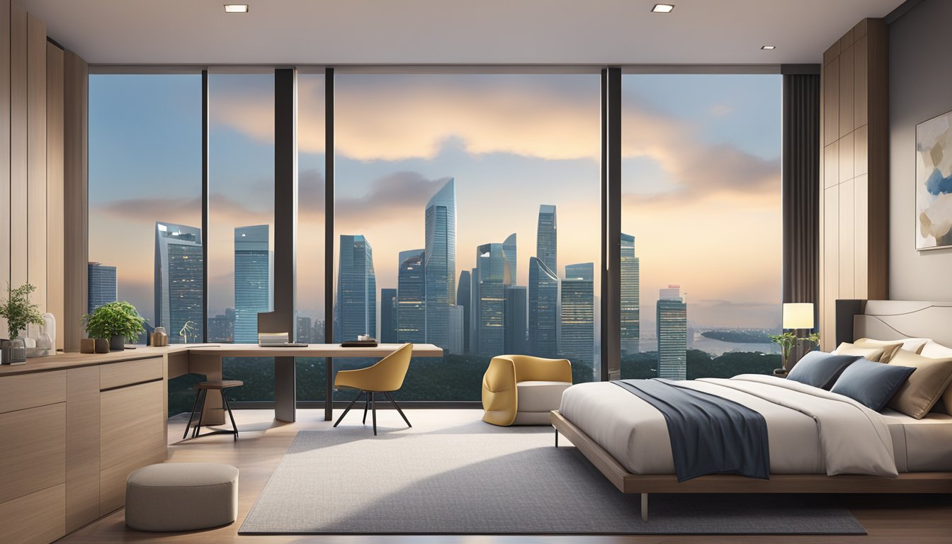 A modern bedroom set in Singapore with sleek furniture, neutral colors, and a large window overlooking the city skyline