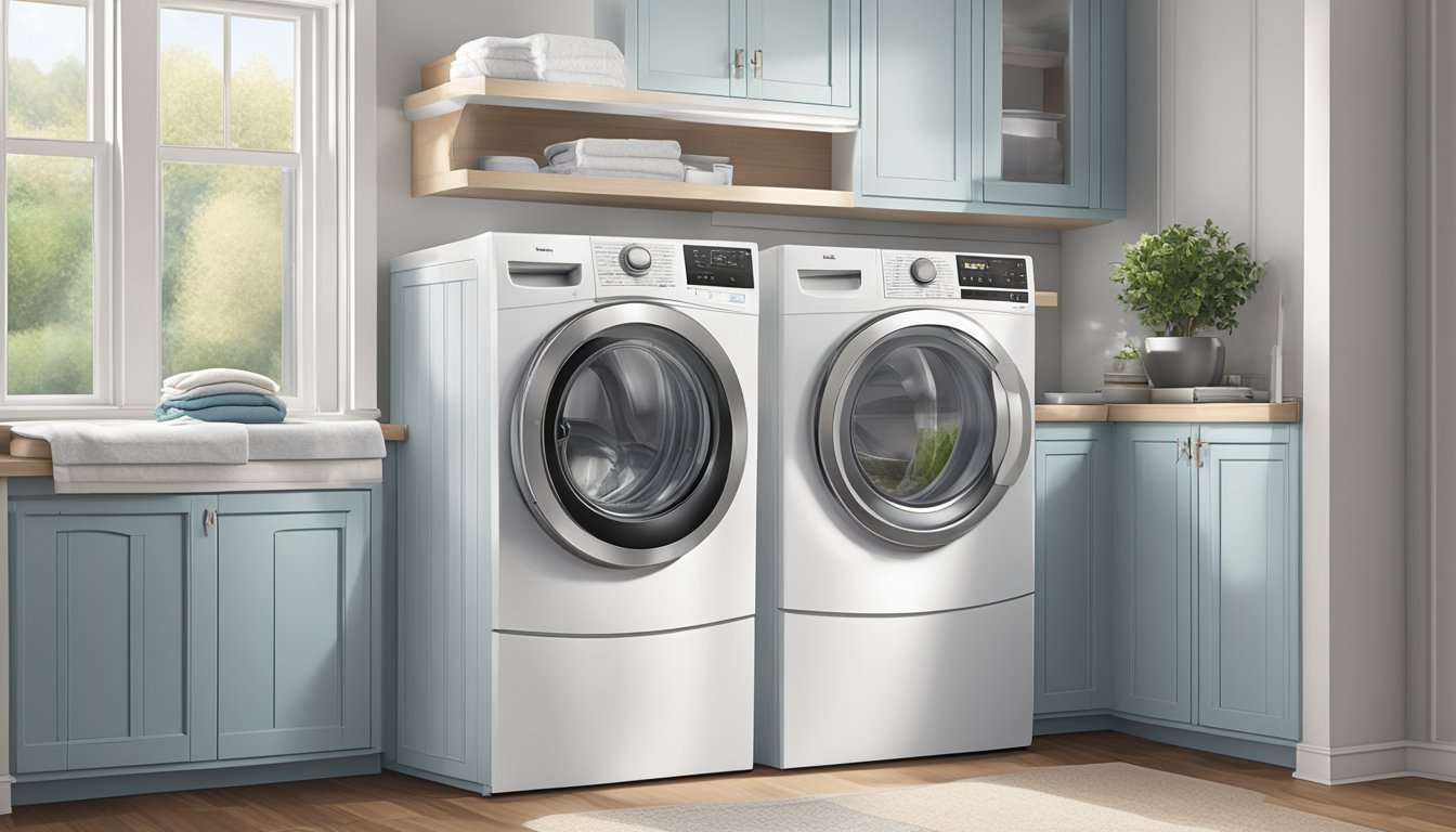 A washing machine, 3 feet tall, 2 feet wide, and 2.5 feet deep, sits in a bright, clean laundry room with a window