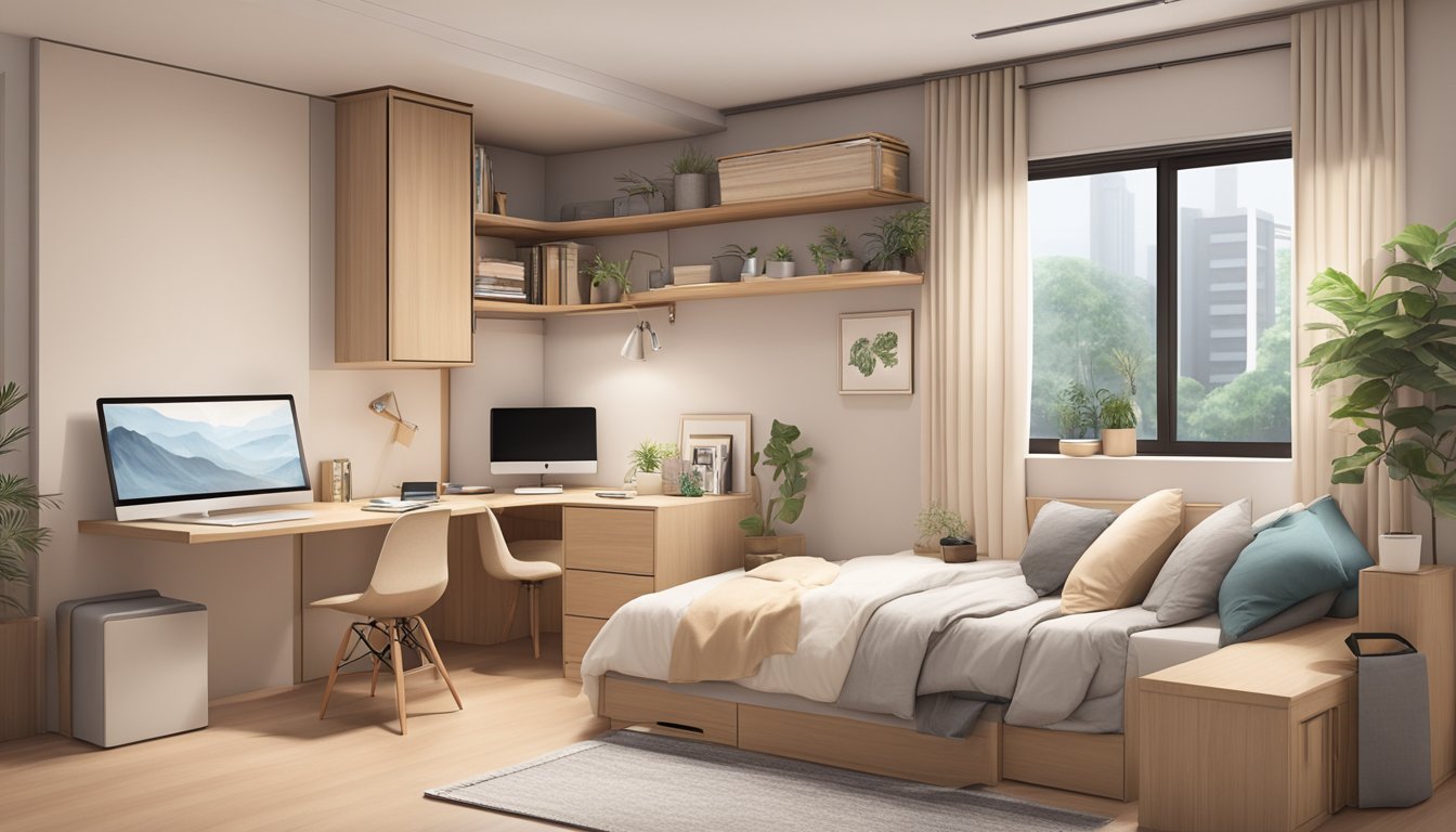 A cozy HDB bedroom with space-saving furniture, a fold-down desk, built-in storage, and a neutral color palette