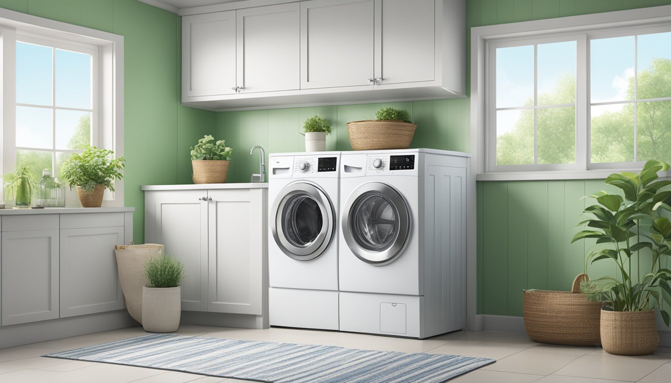 A standard washing machine, 27 inches wide, 30 inches deep, and 40 inches tall, sits in a laundry room with a white tile floor and a window with a view of a green garden