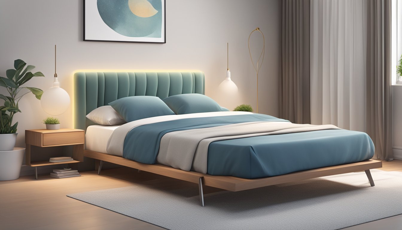 A neatly made bed with a sleek, modern headboard. A small nightstand with a stylish lamp. A space-saving, affordable mattress