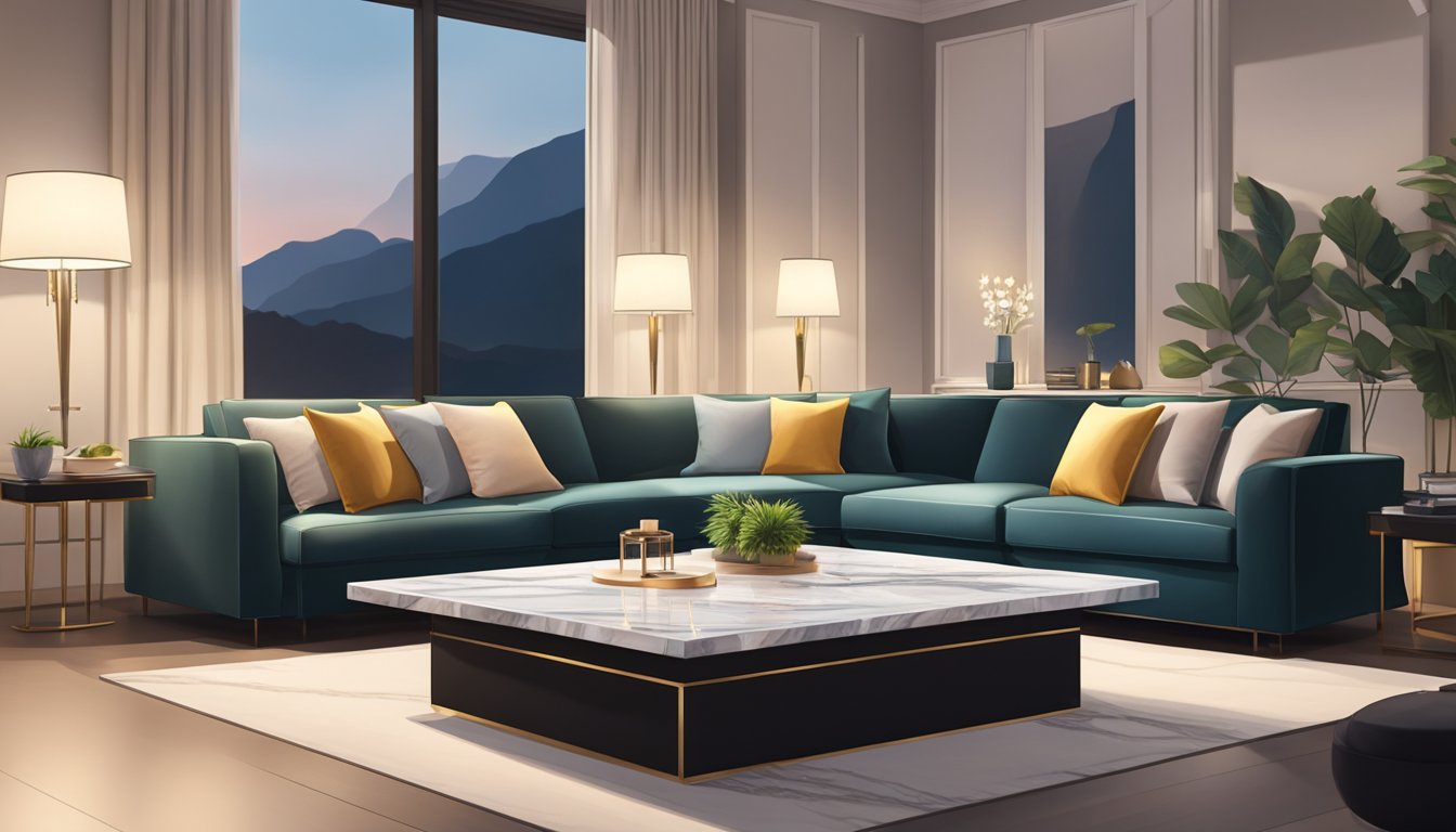 A marble top coffee table sits in a modern living room, surrounded by sleek furniture and soft lighting, creating an elegant and sophisticated atmosphere