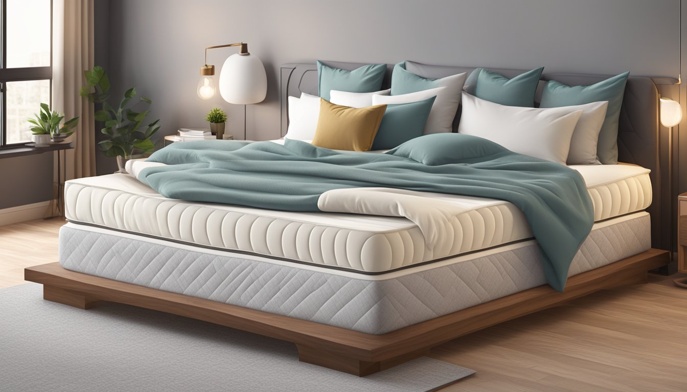 A full size latex mattress lies on a sleek, wooden bed frame, surrounded by soft, fluffy pillows and a cozy duvet