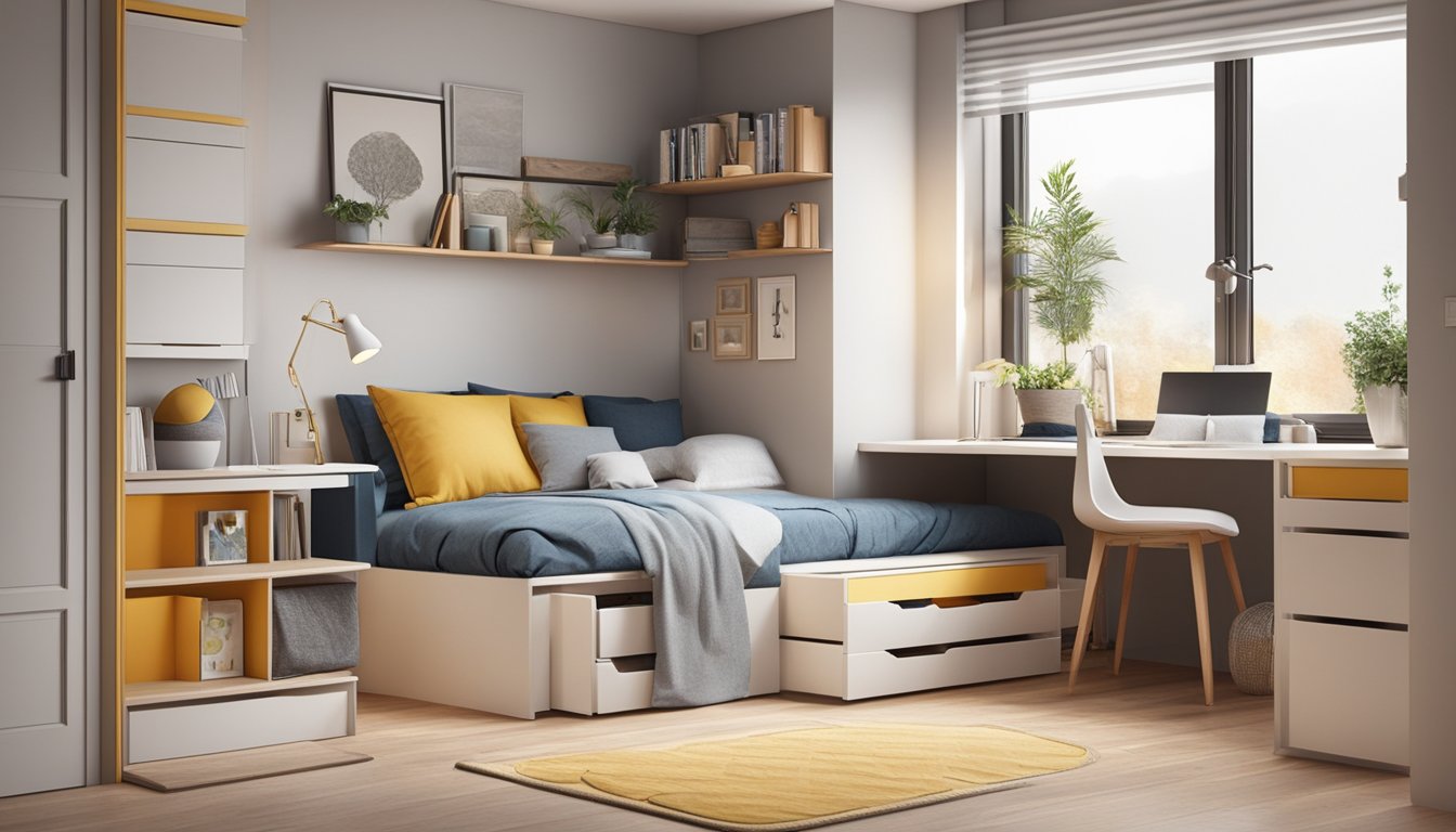 A cozy small bedroom with smart storage solutions and functional furniture, designed to maximize space and comfort