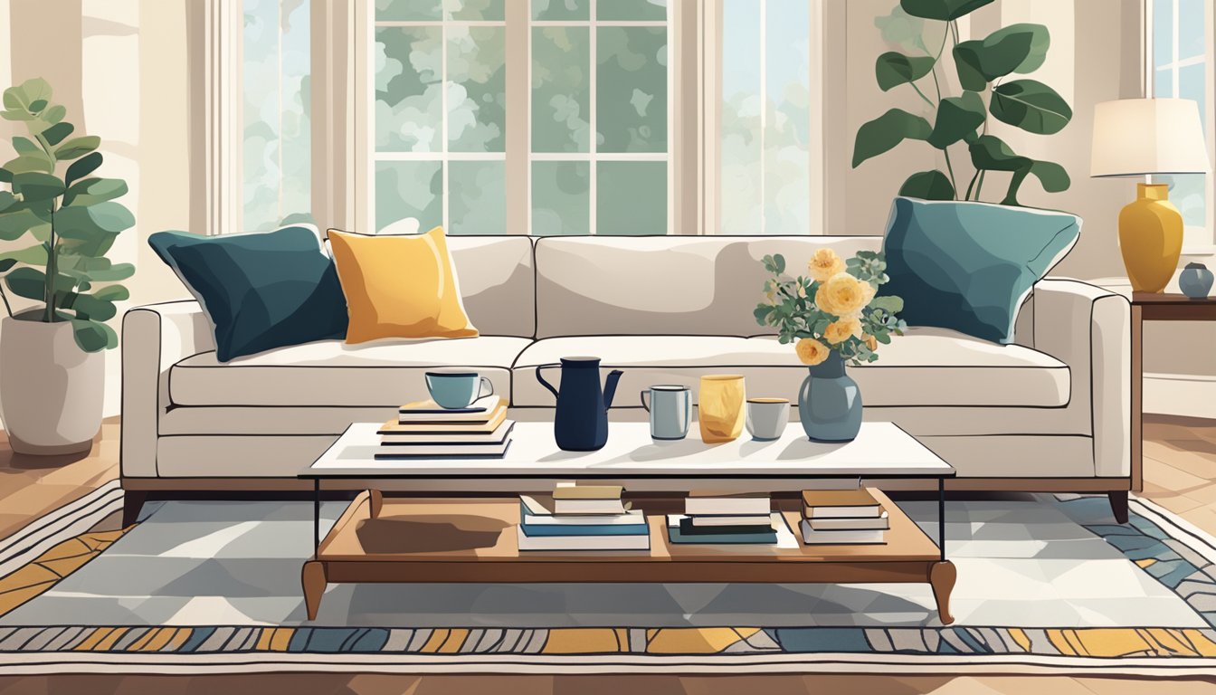 A marble top coffee table with books, a vase, and a cup on a patterned rug in a well-lit living room