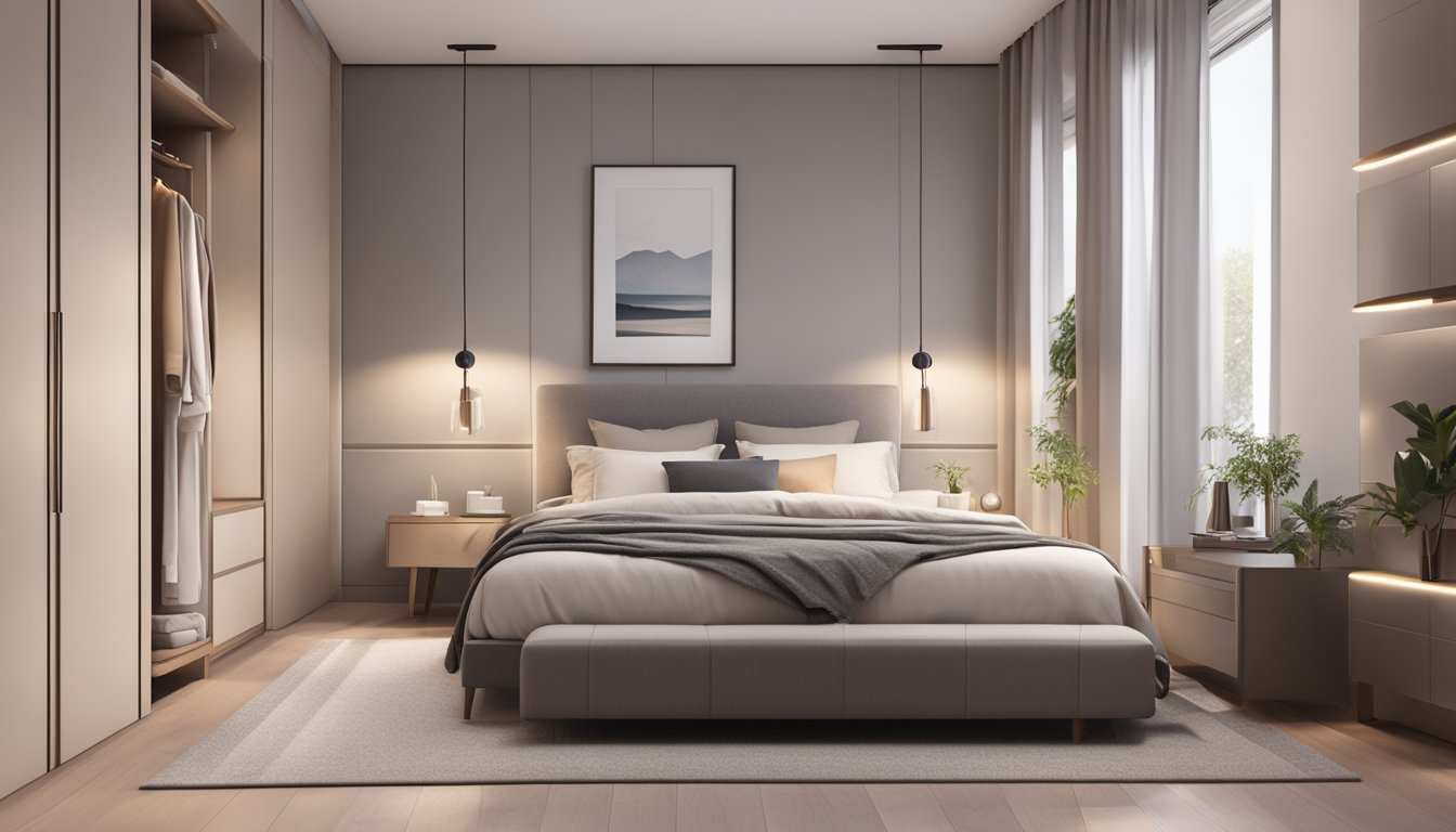 A cozy bedroom with a modern bed, sleek nightstands, and a stylish wardrobe. Soft lighting and neutral colors create a calming atmosphere