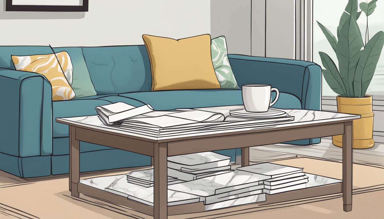 A marble top coffee table with a stack of neatly organized Frequently Asked Questions pamphlets placed on top