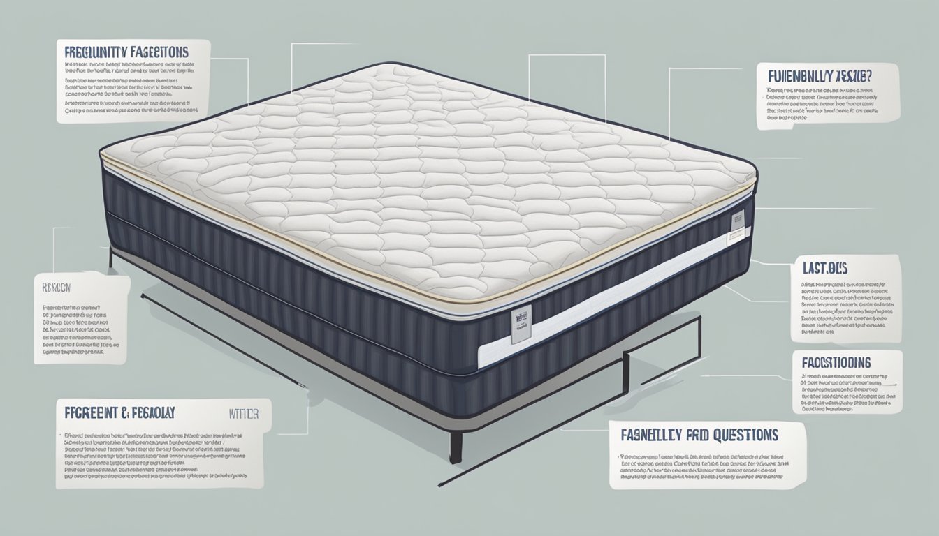 A large, plush latex mattress with a "Frequently Asked Questions" label displayed prominently